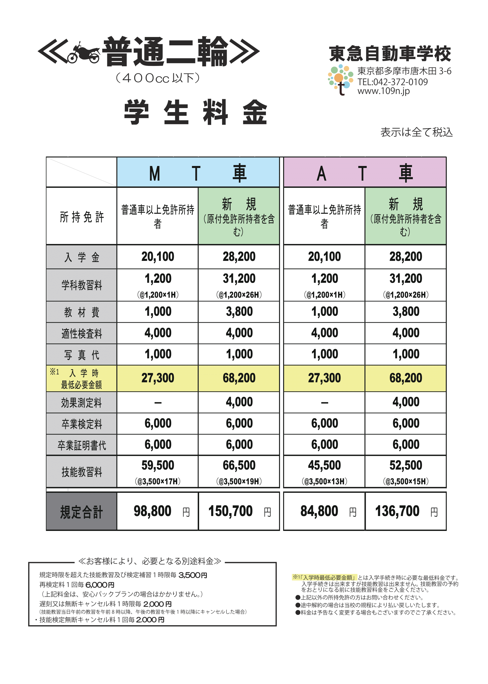 普通二輪学生料金